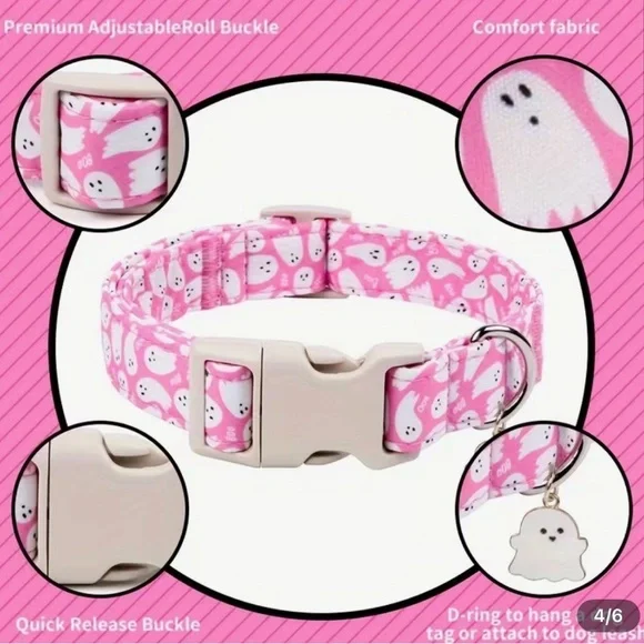 Pink Ghost Pattern Pet Collar with Ghost Charm - Picture 4 of 6